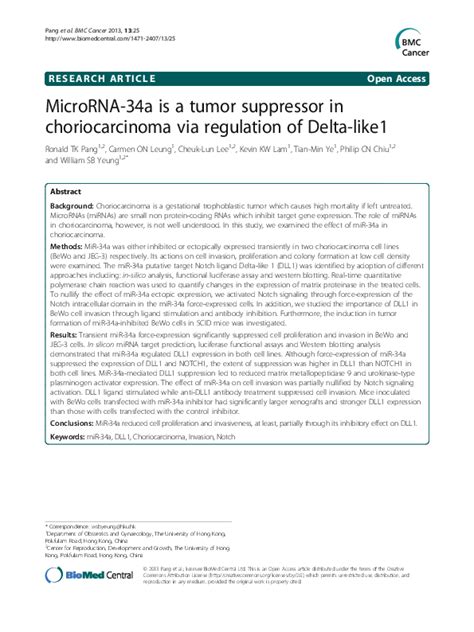 pdf microrna 34a is a tumor suppressor in choriocarcinoma via regulation of delta like1