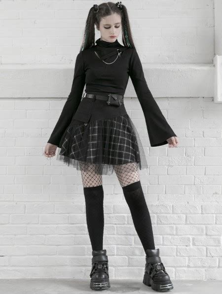 Punk Rave Black And White Street Fashion Grunge Gothic Plaid Gauze Mini