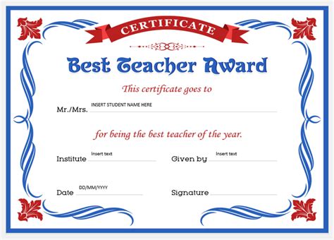 Printable Best Teacher Certificate Template Printable Templates