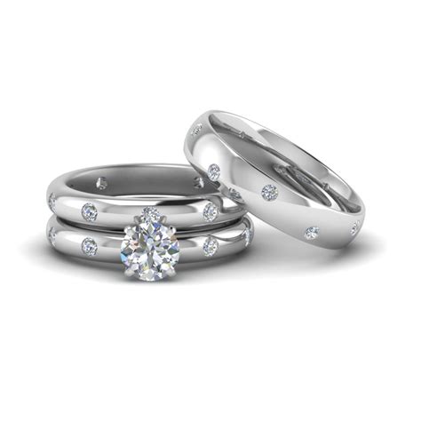 Flush Set Trio Matching Diamond Wedding Rings For Couples In 14k White
