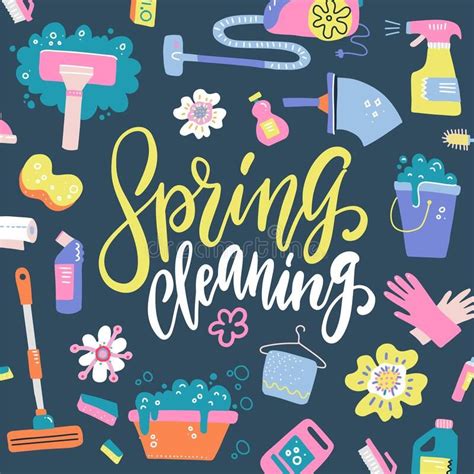 Spring Cleaning Lettering Decorating With Equipment Housework