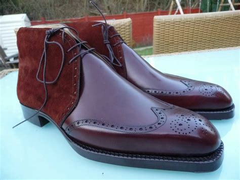 Handmade Mens Burgundy Chukka Wingtip Leather And Suede Boots Mens