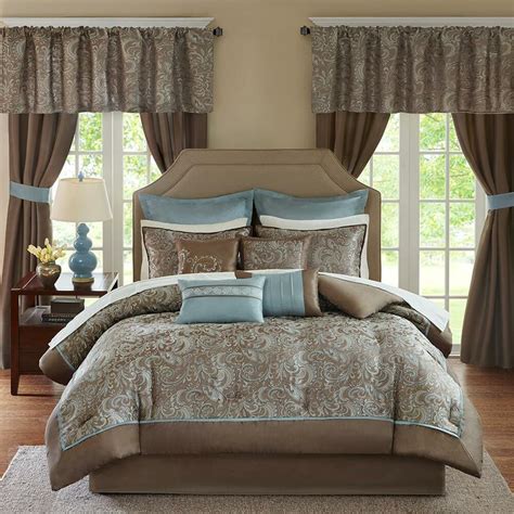 deluxe taupe blue paisley comforter window curtains  pcs