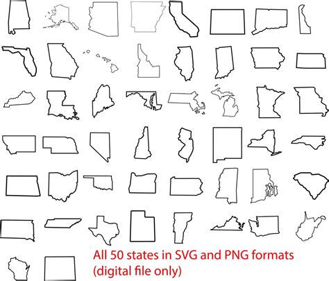 Simple 50 Usa States Individual Outlines Shapes Svg And Png Etsy