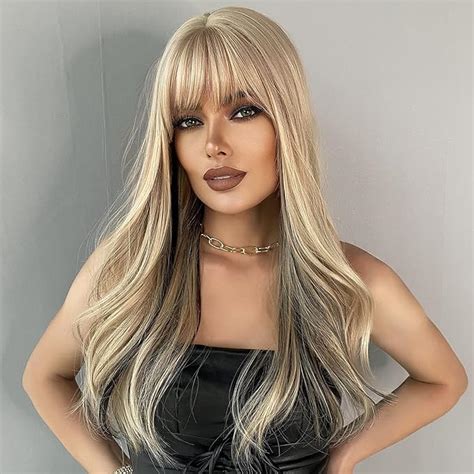 7jhh Wigs Highlight Layered Beige Blonde Wig With Bang Long Straight Synthetic