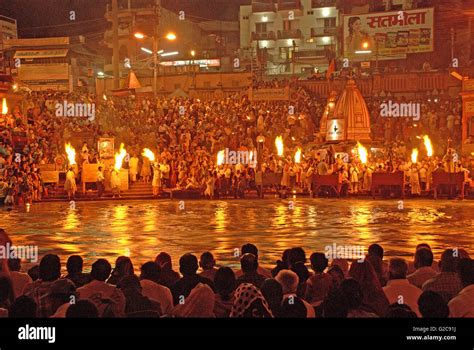 Evening Ganga Aarti Or Offerings To The Holy Ganga River Har Ki Stock