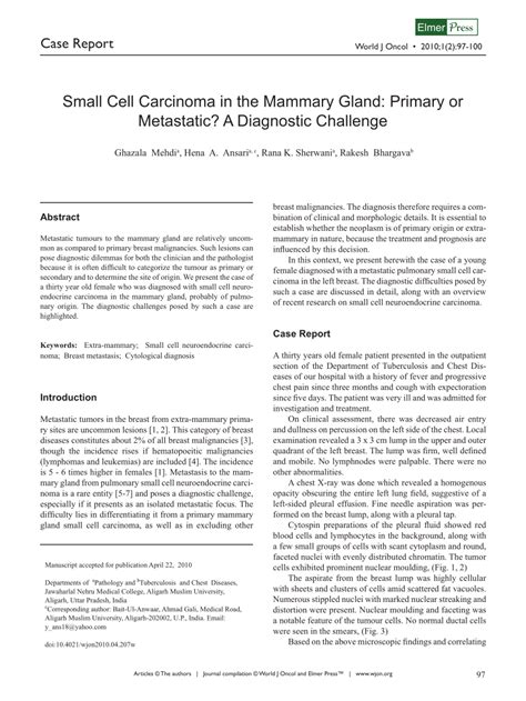Pdf Small Cell Carcinoma In The Mammary Gland Primary Or Metastatic