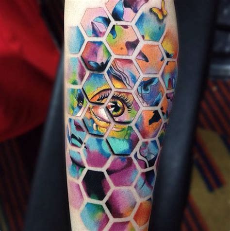 Honeycomb Watercolor Tattoo By Alex Bruz Psychedelic Tattoos Hexagon