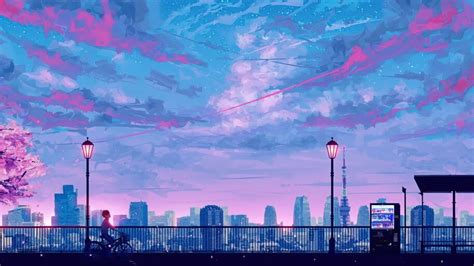 Night Scenery Anime Boy Riding Bicycle Sky City Landscape 8k