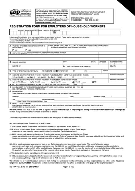 Fillable De 1hw 1004 Registration Form For Employers Of Household