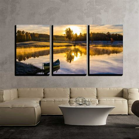 Wall26 3 Piece Canvas Wall Art Sunrise Over The Lake With A Boat