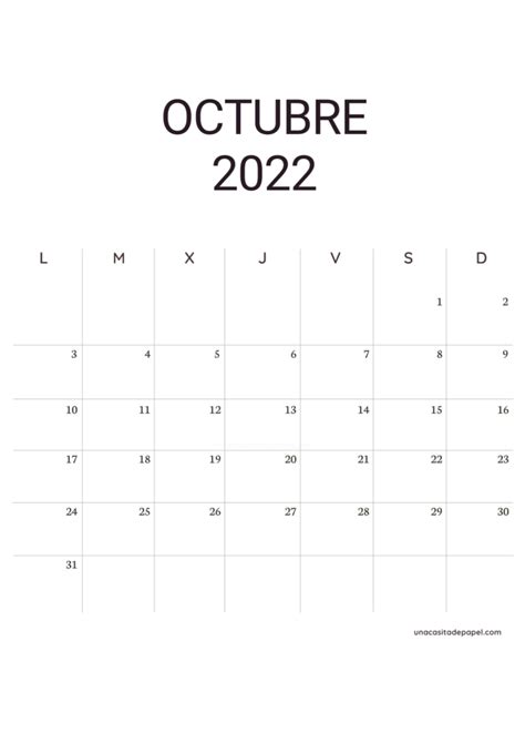 Calendario Octubre 2022 Para Imprimir Gratis Una Casita De Papel En