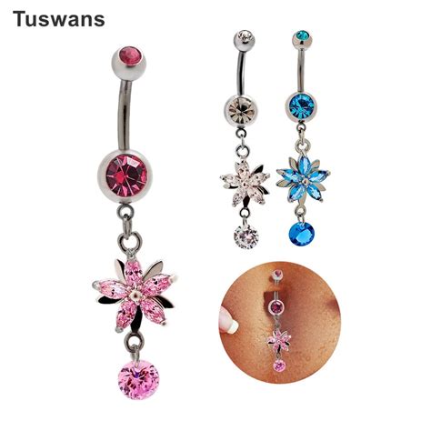 Lovely Blue Pink White Flower Shaped Surgical Steel Navel Piercing Sexy