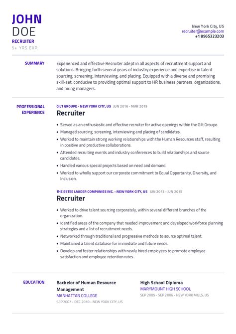 Some parts of this resume for a recruiter may reflect your work history, skills and qualifications. Recruiter Resume Example With Content Sample | CraftmyCV