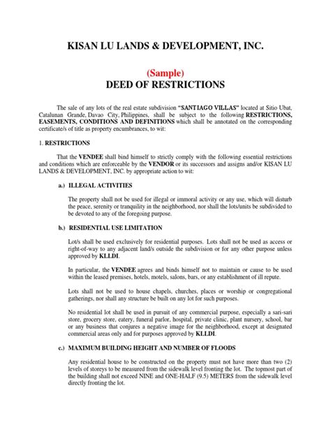 Deed Of Restrictions Sample Easement Government