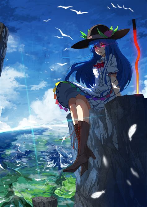 Wallpaper Landscape Illustration Long Hair Anime Girls Blue Hair Hat Touhou Red Eyes