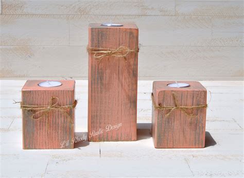 Set Of 3 Rustic Wood Block Tealight Candle Holders