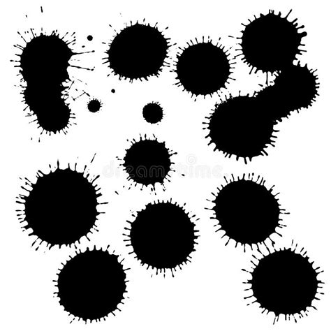 Black Ink Paint Spots Drops Isolated On White Background Set For
