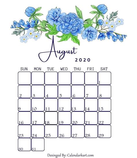 August 2020 Floral Calendar | Printable calendar template, Calendar template, 2020 calendar template