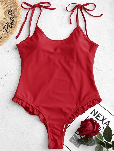 Zaful Tie Frilled One Piece Swimsuit Lava Red In 2020 One Piece