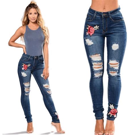 Embroidery Hole High Waist Skinny Jeans Women Push Up Stretch Jeans Denim Jeans Bodycon Pencil