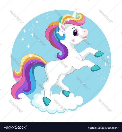 Cute Cartoon Unicorn With Rainbow Mane On A Cloud Vector Isolated