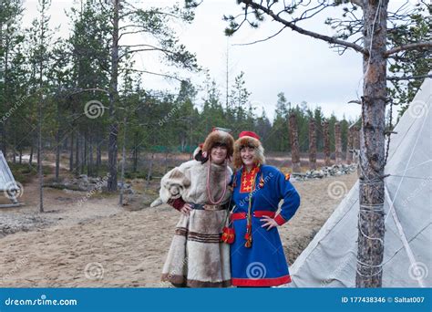 Two Female Saami Sami In National Dress Saami Village On The Kola