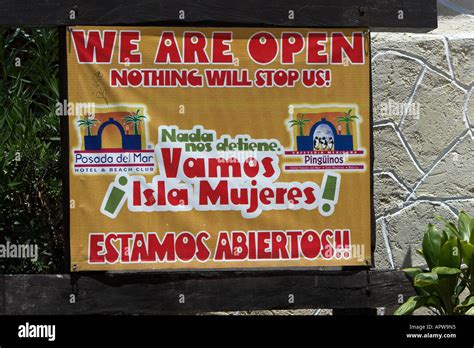 We Are Open Sign Following Hurricanes In 2005 Isla Mujeres Mexico Stock