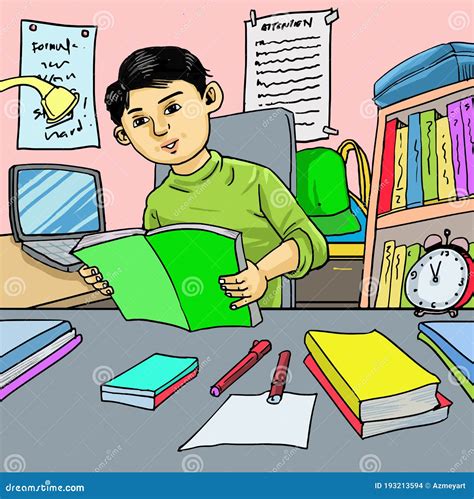A Boy In The Study Room With Lots Of Books Stock Vector Illustration