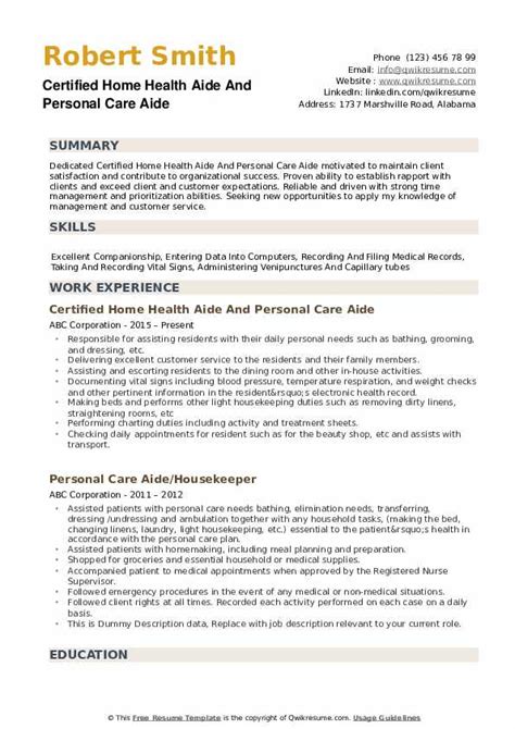 Personal Care Aide Resume Samples Qwikresume