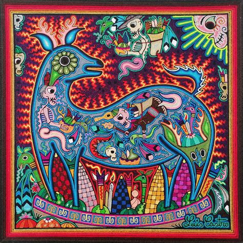 Luis Castro Premier Huichol Blue Deer Yarn Painting