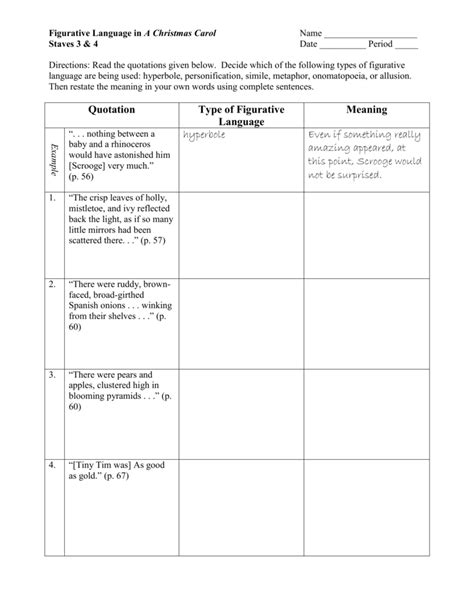1) identify the form of figurative language used in the following sentence: A Christmas Carol Figurative Language Worksheet Answer Key ...