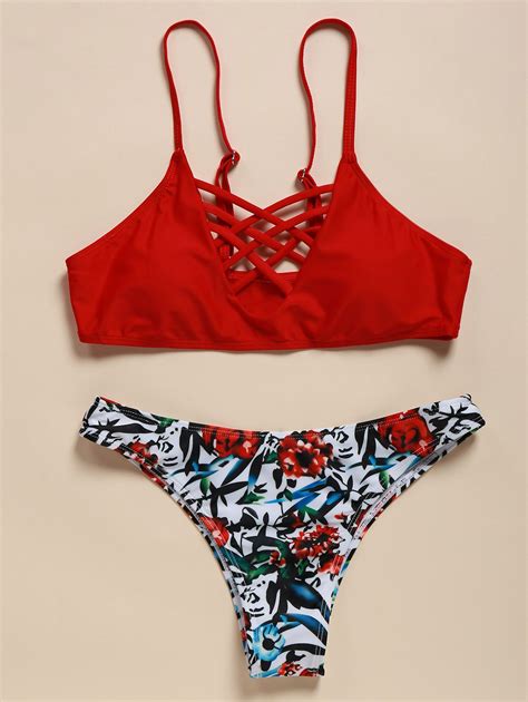 Chic Spaghetti Strap Criss Cross Floral Print Womens Bikini Set Swimwear High Waisted Bikini