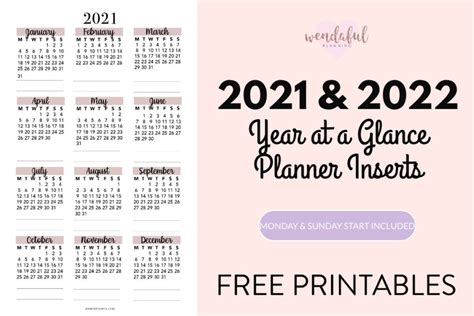 2021 2022 Year At A Glance Planner Inserts Wendaful Planning