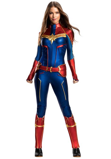 Form fitting jumpsuit with attached 3d boot tops, belt, gauntlets, and knee pads. Captain Marvel Grand Heritage Costume for Women