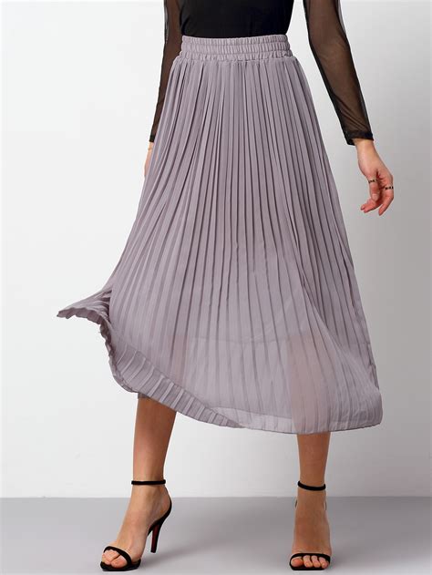 Grey Elastic Waist Pleated Chiffon Skirt Sheinsheinside