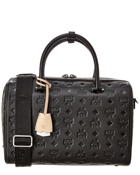 Mcm Essential Monogram Leather Boston Bag In Black Lyst