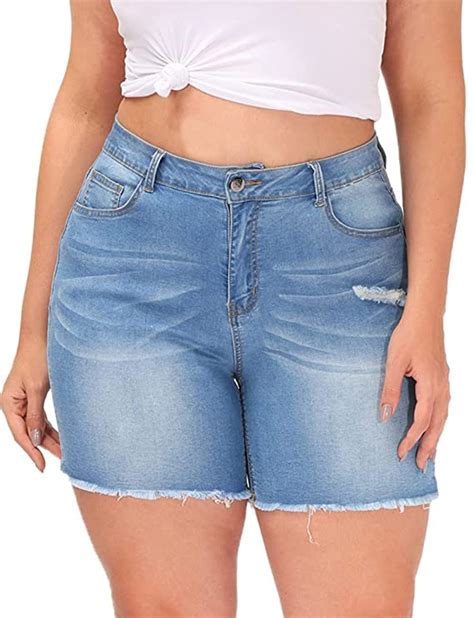 Womens Plus Size Denim Shorts High Waisted Stretchy Raw Hem Jean Shorts Wf Shopping