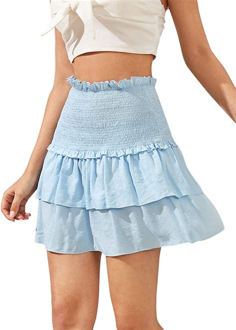 shein women s solid shirred high waist layered ruffle hem flared mini skirt ebay