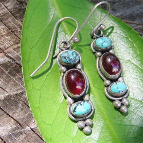 Vintage Sterling Earrings With Turquoise And Garnet Cabochons Etsy