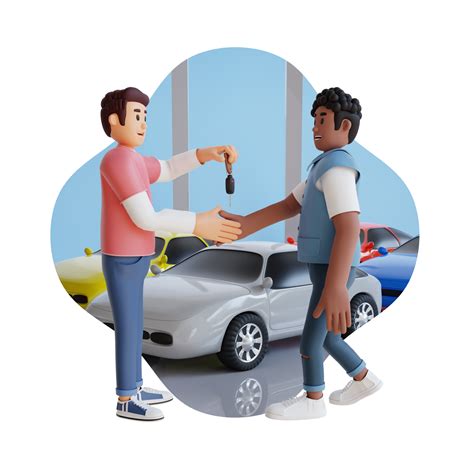 young man giving the rental car key to the consumer 3d character