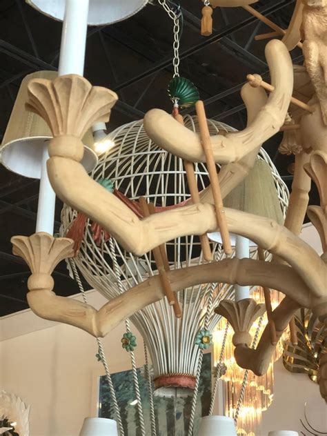 Vintage Carved Wood Monkey Pagoda Chandelier Tassels Bells Faux Bamboo