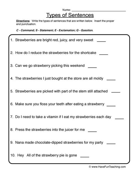 Identifying Types Of Sentences Worksheet Types Of Sentences Types Of