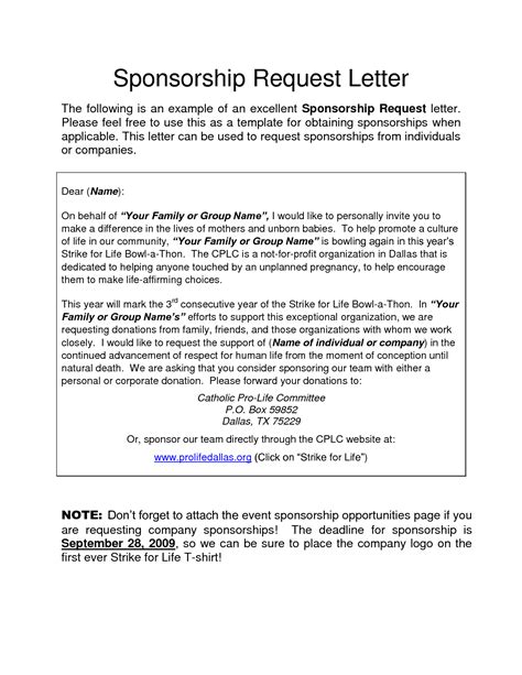 Free Sample Letter For Sponsorship Request