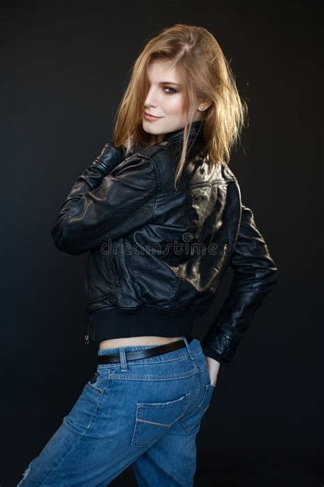 Beautiful Sensual Girl Blonde In A Leather Jacket Stock Image Image