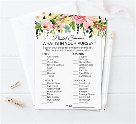 what s in your purse game bridal shower game wedding shower game pink floral garden bridal