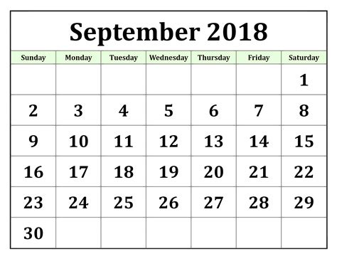 Free Printable September 2018 Calendar Word Page With