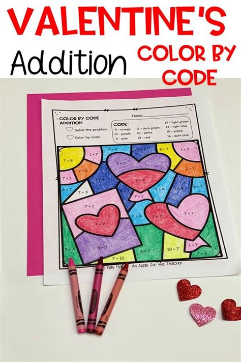 Valentines Day Addition Color By Code With Hearts And Crayon Pencils