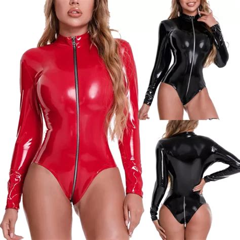 Sexy Womens Wet Look Leather Long Sleeve Zipper Catsuit Bodysuit Romper Clubwear 1719 Picclick