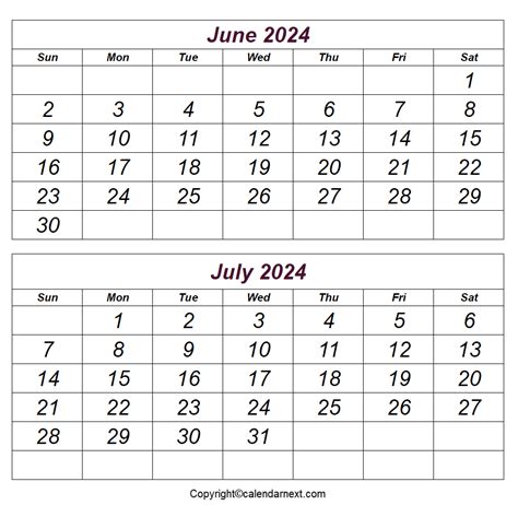 Printable June And July 2024 Calendar With Holidays And Notes